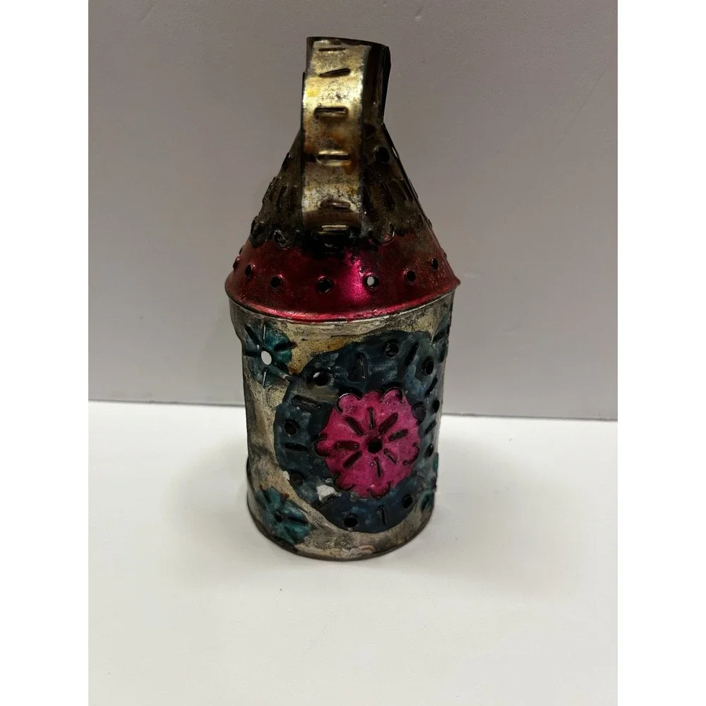 Vintage Handmade Mexican Punched Tin Lantern Luminary Folk Art Candle Holder